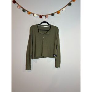 Calvin Klein Jeans dark green waffle knit cropped henley top